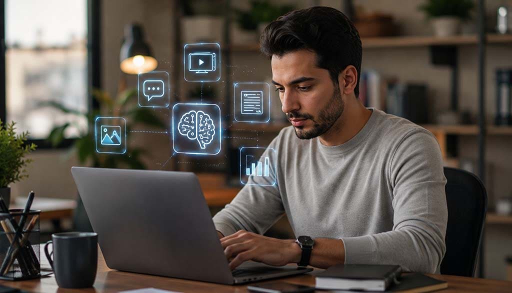 شاب يعمل على حاسوب محمول داخل مكتب حديث مع عناصر ذكاء اصطناعي رقمية تعبر عن أدوات الذكاء الاصطناعي المجانية
