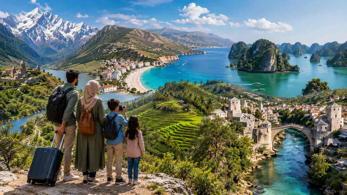 عائلة عربية تستكشف مناظر طبيعية تجمع الجبال والشواطئ والأنهار وسط أجواء سفر هادئة تمثل أرخص الوجهات السياحية 2026