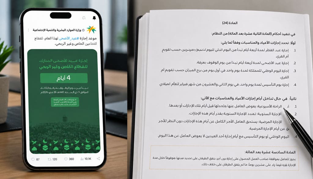 صورة توضح إعلان وزارة الموارد البشرية عن إجازة عيد الأضحى 2026 بجانب نص المادة 24 الخاصة بتعويض عطلة نهاية الأسبوع.