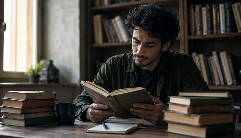 شاب عربي يقرأ رواية داخل مكتبة هادئة وسط كتب كثيرة في صورة تعبر عن الروايات العربية الممنوعة والجدل الثقافي