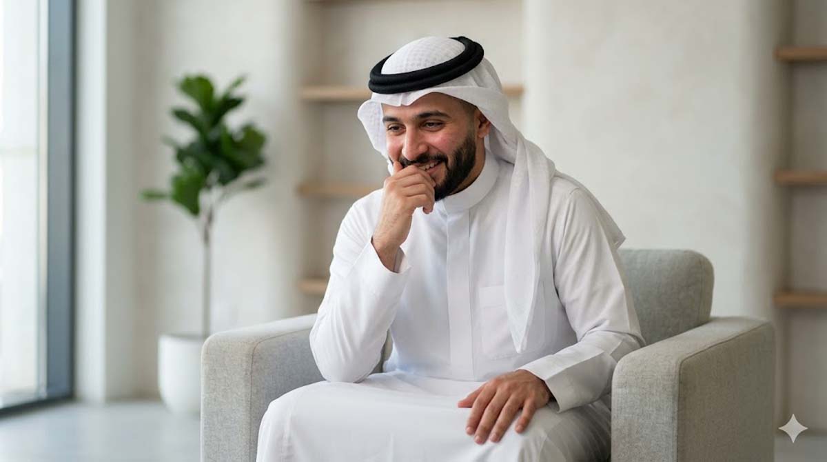 رجل سعودي بملابس تقليدية يبتسم ويضع يده على فمه لتغطية ضحكة غير مقصودة وسط مجلس عصري، تجسيد لضحك الإنسان في المواقف المحرجة.