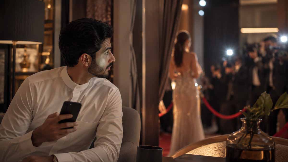 رجل يحمل هاتفًا في صالة فاخرة ويراقب مشهدًا خلف الستار مع أضواء مصورين تعكس أسرار المشاهير