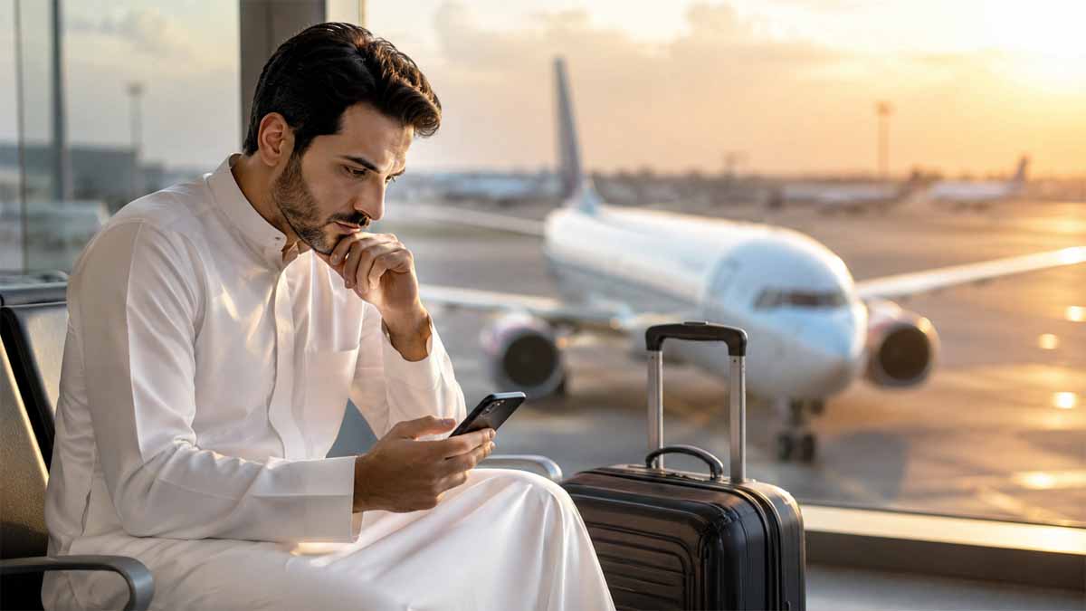 مسافر يجلس في صالة مطار حديثة يتابع الأسعار عبر هاتفه بينما تظهر طائرة بالخلفية في مشهد يعكس تغير أسعار تذاكر الطيران