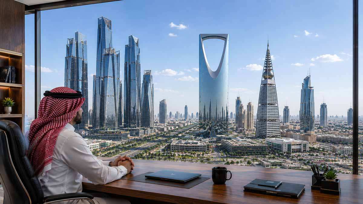رجل أعمال سعودي داخل مكتب تنفيذي يطل على أبراج الرياض الحديثة ومدينة الملك عبدالله المالية ضمن مشهد يعبر عن أفضل فرص استثمارية في الرياض