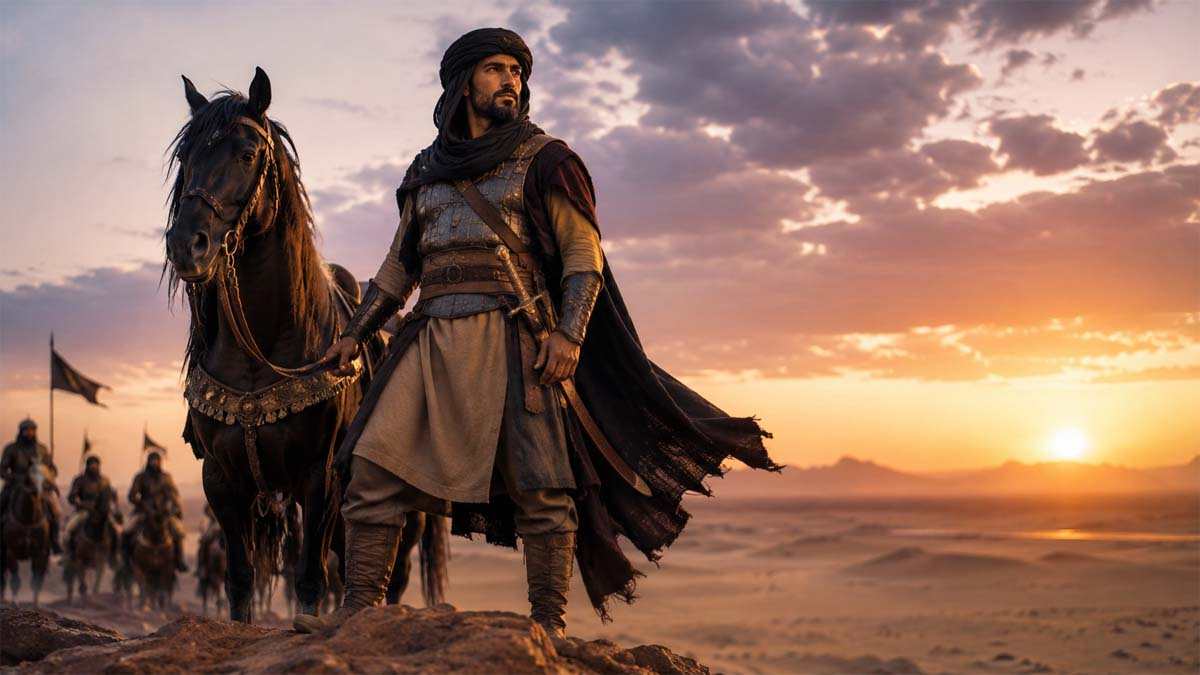 فارس عربي يقف شامخًا فوق تل صحراوي عند الغروب مرتديًا درعًا تقليديًا وخلفه خيول وسهول واسعة تجسد أقوى أبيات الفخر بالشعر الجاهلي