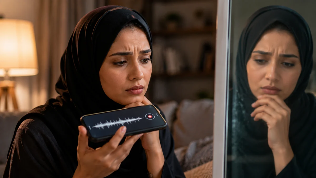 امرأة محجبة تستمع لتسجيلها عبر الهاتف مع انعكاس قلق يوضح اختلاف الصوت في التسجيل