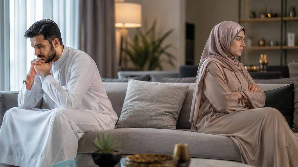 زوجان يجلسان متباعدين في غرفة معيشة هادئة بتعبيرات متوترة وإضاءة طبيعية تعكس ارتفاع حالات الطلاق