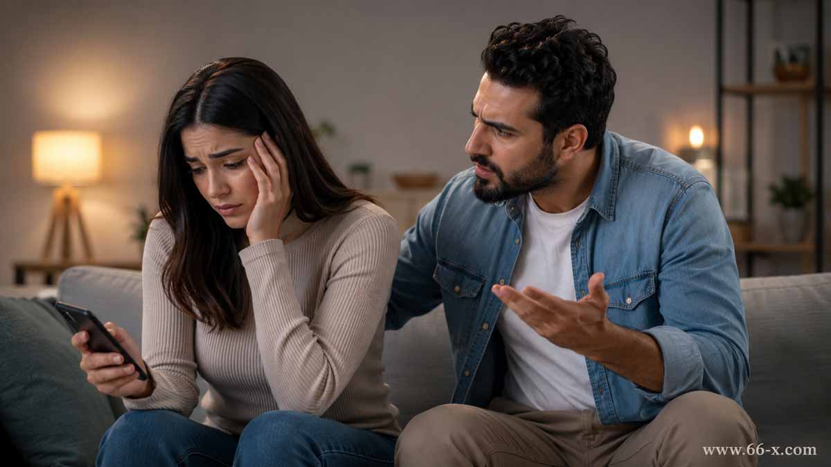 امرأة حزينة تنظر لهاتفها ورجل بجانبها يضغط عليها في مشهد يرمز إلى الاهتمام الزائد في العلاقات