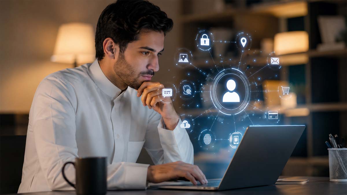شخص يستخدم حاسوبًا محمولًا أمام واجهة رقمية مترابطة تعرض معلومات وخدمات متعددة في مشهد يعبر عن البيانات الشخصية