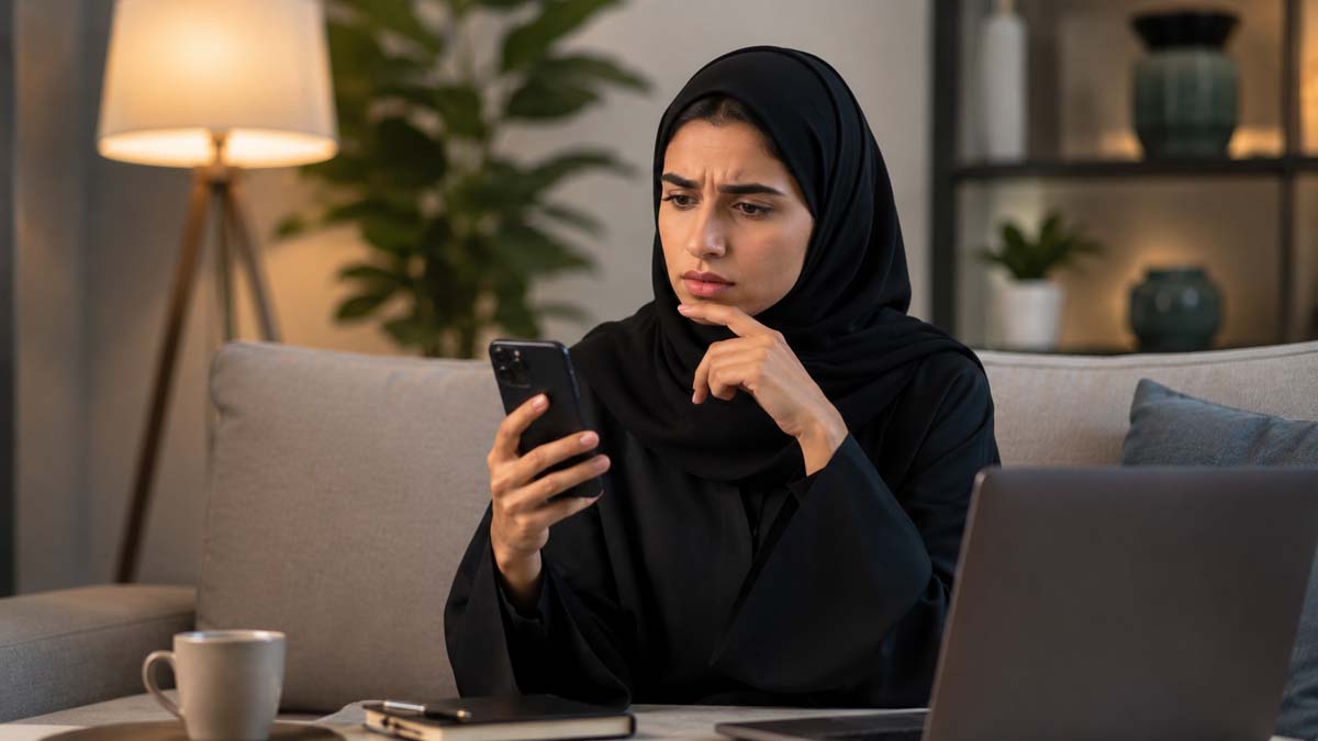 سيدة خليجية ترتدي عباءة سوداء تنظر بتأنٍ إلى هاتفها المحمول داخل غرفة معيشة حديثة للتحقق من هوية المتصل