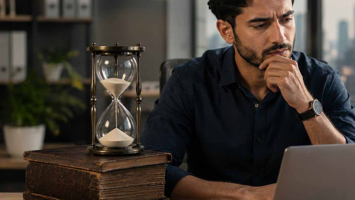 رجل يفكر أمام حاسوب وبجانبه ساعة رملية وكتب قديمة ترمز لقيمة الخبرة في سوق العمل الحديث