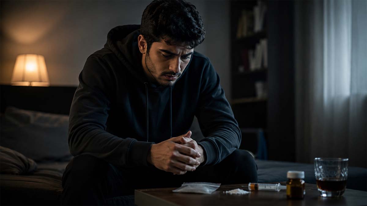 شاب خليجي يجلس منفردًا في غرفة هادئة بإضاءة درامية مع ملامح توتر وشرود تعكس تأثير الشبو على السلوك الجنسي