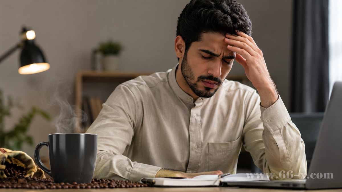 رجل متعب أمام كوب قهوة ساخن ودفتر عمل داخل مكتب هادئ يعكس أثر الكافيين بين الطاقة والقلق