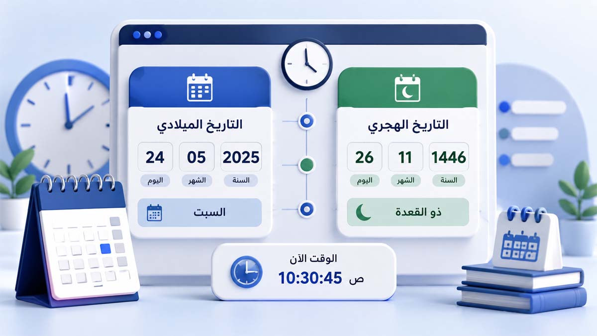 واجهة دلالية حديثة تعرض تقويمًا هجريًا وميلاديًا مع عناصر تاريخ ووقت مصممة بأسلوب احترافي واضح وسهل الفهم