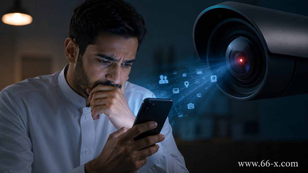 رجل ينظر لهاتفه بقلق وكاميرا مراقبة تضيء حوله رموز بيانات تعبر عن تجسس الجوال