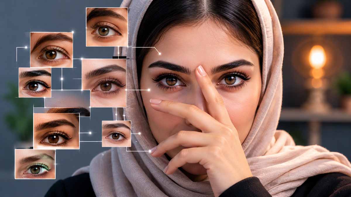 انعكاس عيني امرأة في مرآة صغيرة مع نظرة مركزة وخلفية هادئة تعبر عن تحليل الشخصية من العيون