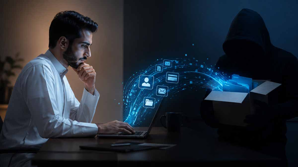 رجل أمام حاسوب تتدفق منه ملفات رقمية نحو شخصية مجهولة في مشهد يوضح تسريب بيانات وبيع بيانات