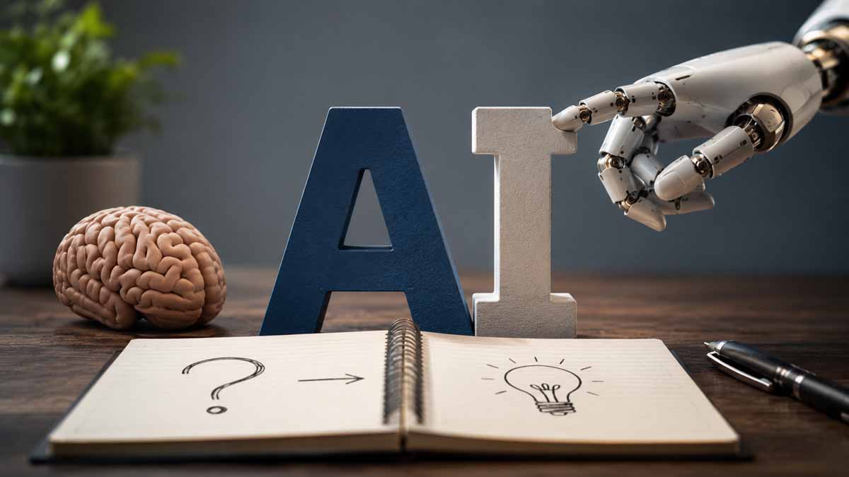 مجسم لحرفي AI بجانب دماغ ويد روبوتية ودفتر أفكار يوضح سبب تسمية الذكاء الاصطناعي