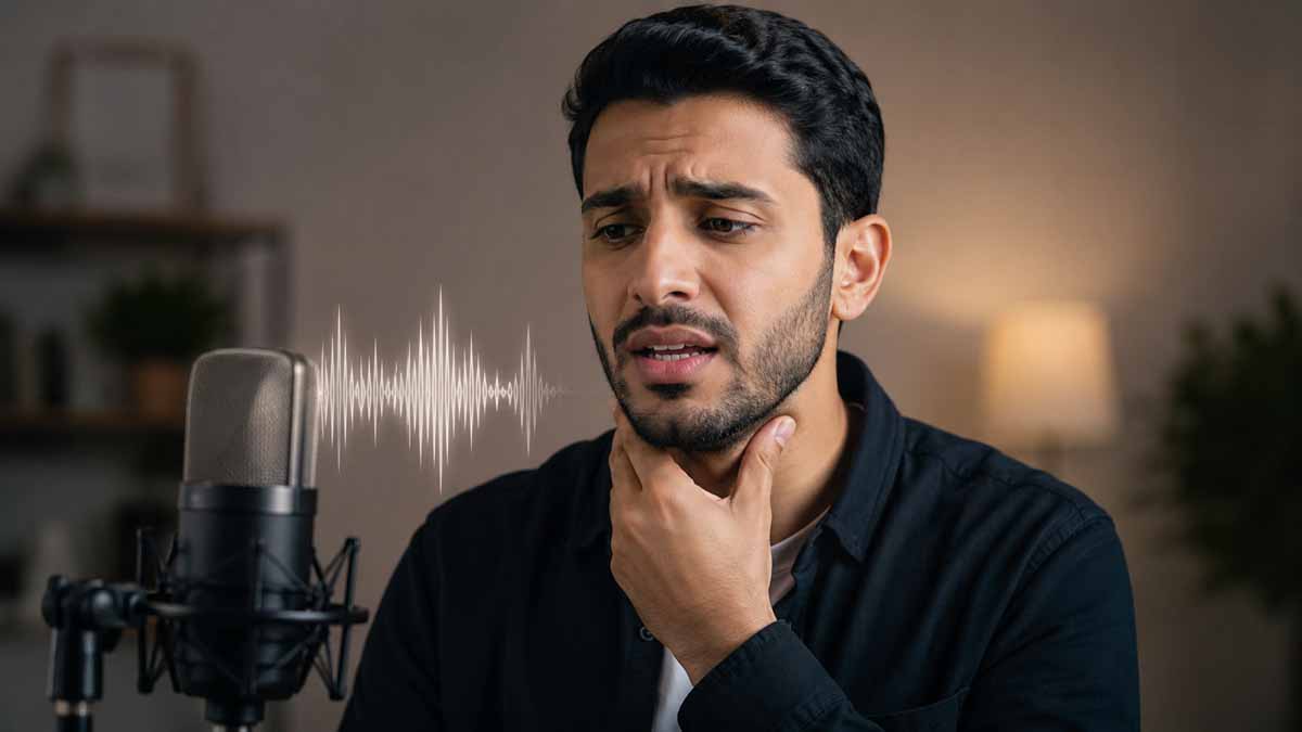 رجل قلق أمام ميكروفون في غرفة دافئة مع موجة صوتية خافتة تعكس هل يفضح صوتك توترك