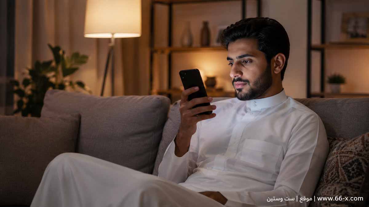 شاب عربي بثوب أبيض يتابع هاتفه بتركيز على أريكة رمادية وسط إضاءة منزلية دافئة، تعبير عن المقاطع القصيرة