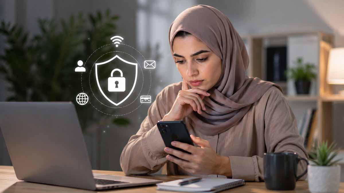 امرأة محجبة تفحص هاتفها بجانب حاسوب محمول مع رموز أمان رقمية تشير إلى حماية الحسابات إلكترونيًا