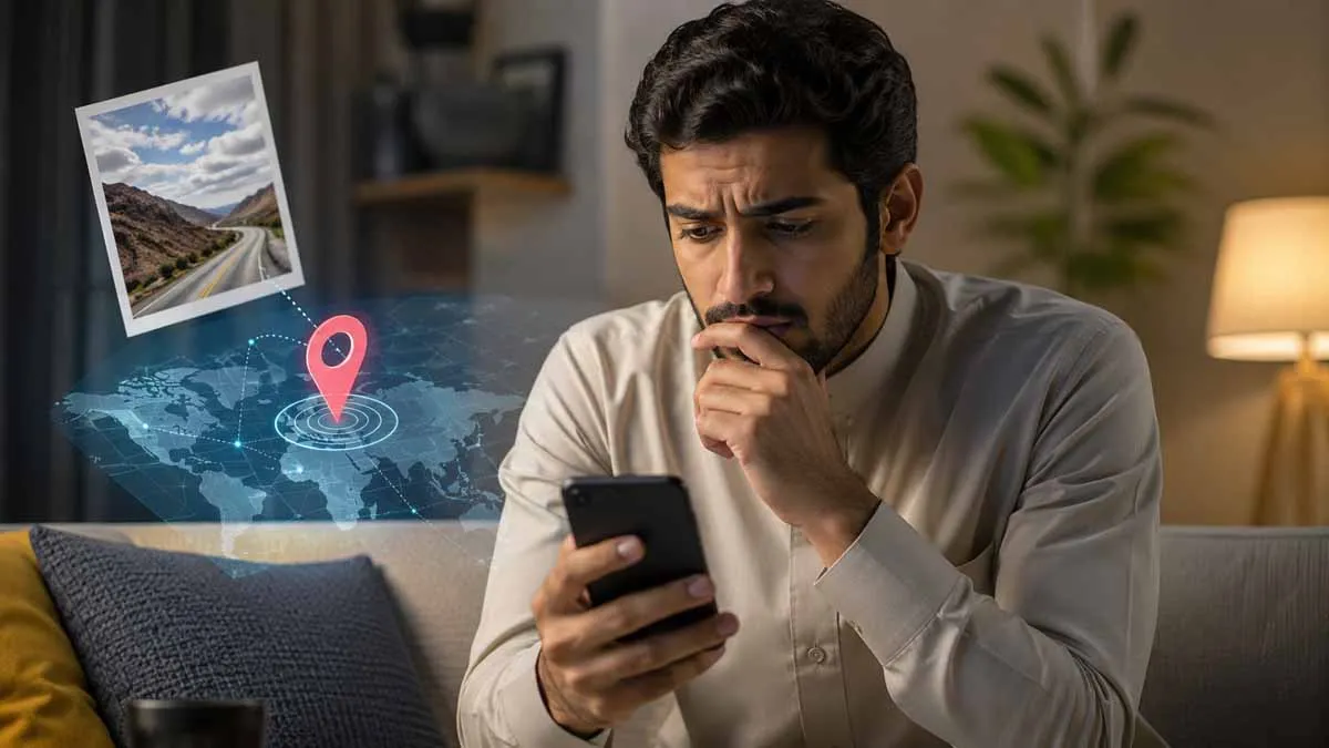 شاب يتفحص هاتفه وبجواره صورة رقمية وخريطة مضيئة توضح كيف قد تكشف الصور التي ترسلها موقعك