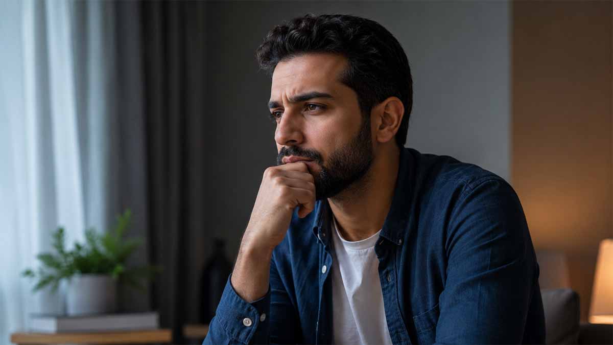 رجل يجلس بتعبير متأمل في إضاءة سينمائية هادئة مع خلفية ضبابية وتدرجات زرقاء ناعمة توضح هل لدى الرجل دورة شهرية