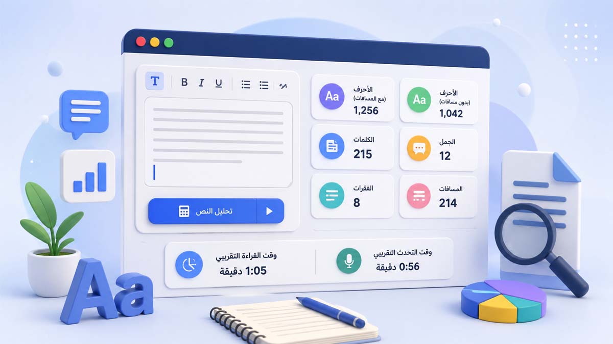 واجهة ثلاثية الأبعاد تضم مربع نص وإحصاءات رقمية وأيقونات تحليل المحتوى لقياس عدد الأحرف والكلمات