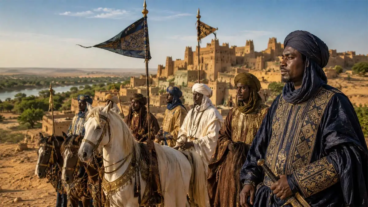 مجموعة رجال بملابس تقليدية وخيول مزينة أمام مدينة طينية تاريخية في مشهد يعبر عن قبيلة الكيتا وتراثها