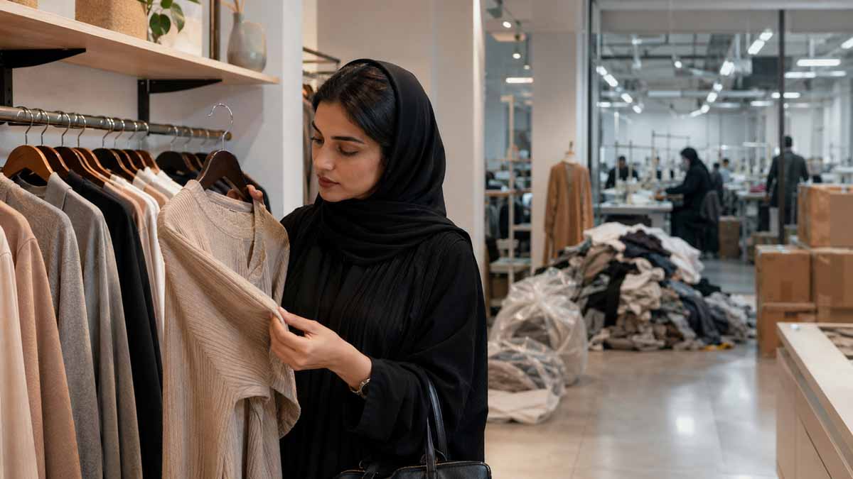 امرأة تفحص قطعة ملابس داخل متجر أنيق وخلفها ورشة إنتاج وملابس متراكمة تعكس الموضة السريعة