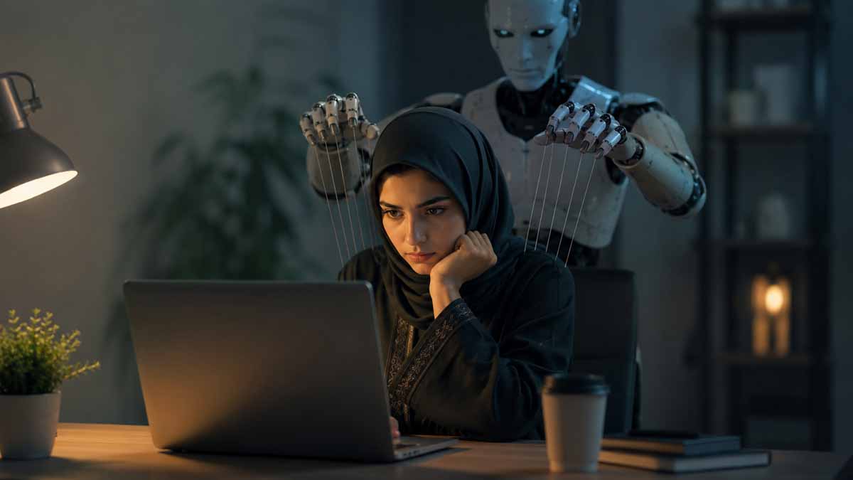امرأة تعمل على حاسوب وخلفها روبوت يحرك خيوطًا دقيقة في مشهد عن أخطر استخدامات الذكاء الاصطناعي