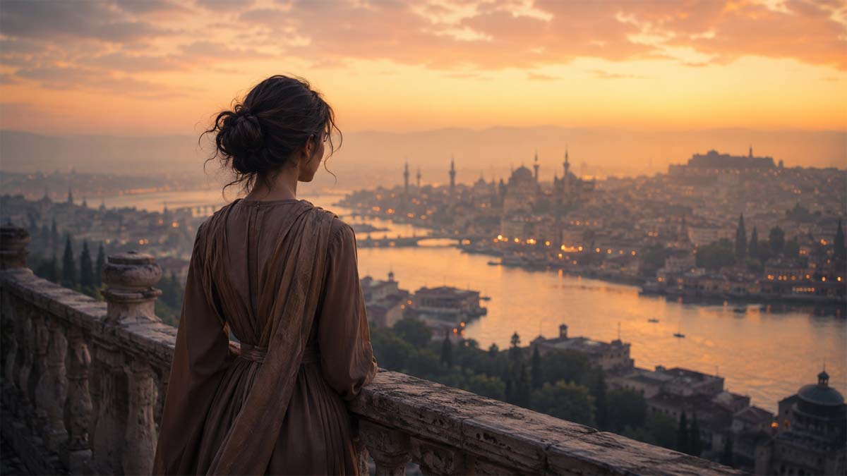امرأة تقف على شرفة حجرية مرتفعة تطل على مدينة واسعة عند الغروب بأجواء هادئة وسينمائية تعكس رواية مدينة تسكن امرأة