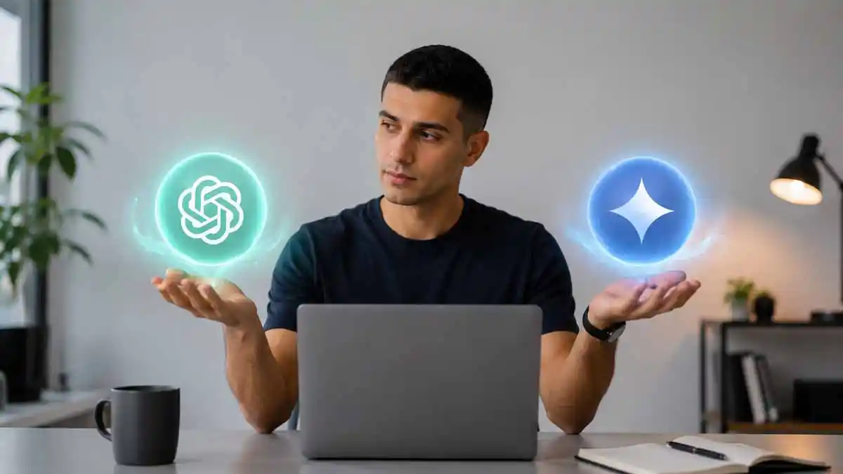رجل حليق الدقن أمام حاسوب يوازن بين خيارين ضوئيين في مقارنة ChatGPT وGemini