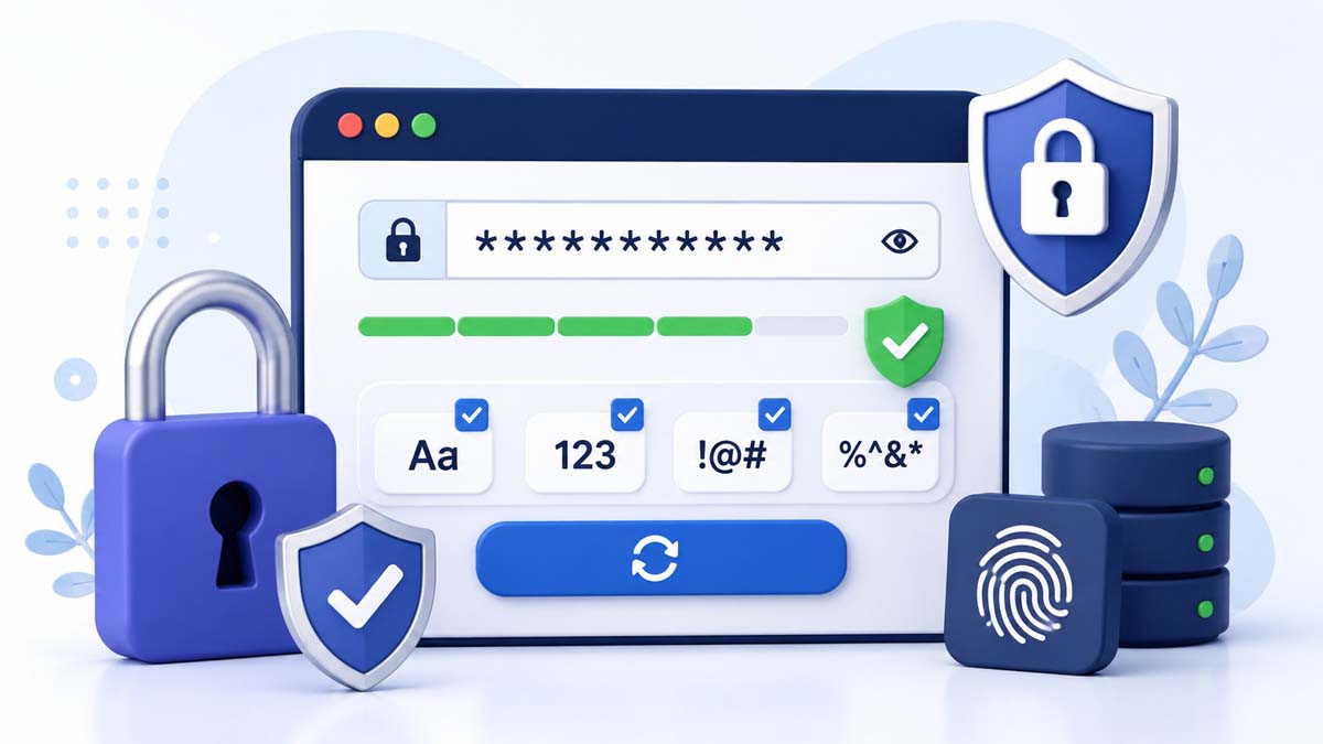 رسم دلالي حديث يوضح إنشاء كلمة مرور قوية باستخدام عناصر حماية رقمية وأيقونات أمان وتشفير لحماية الحسابات الإلكترونية