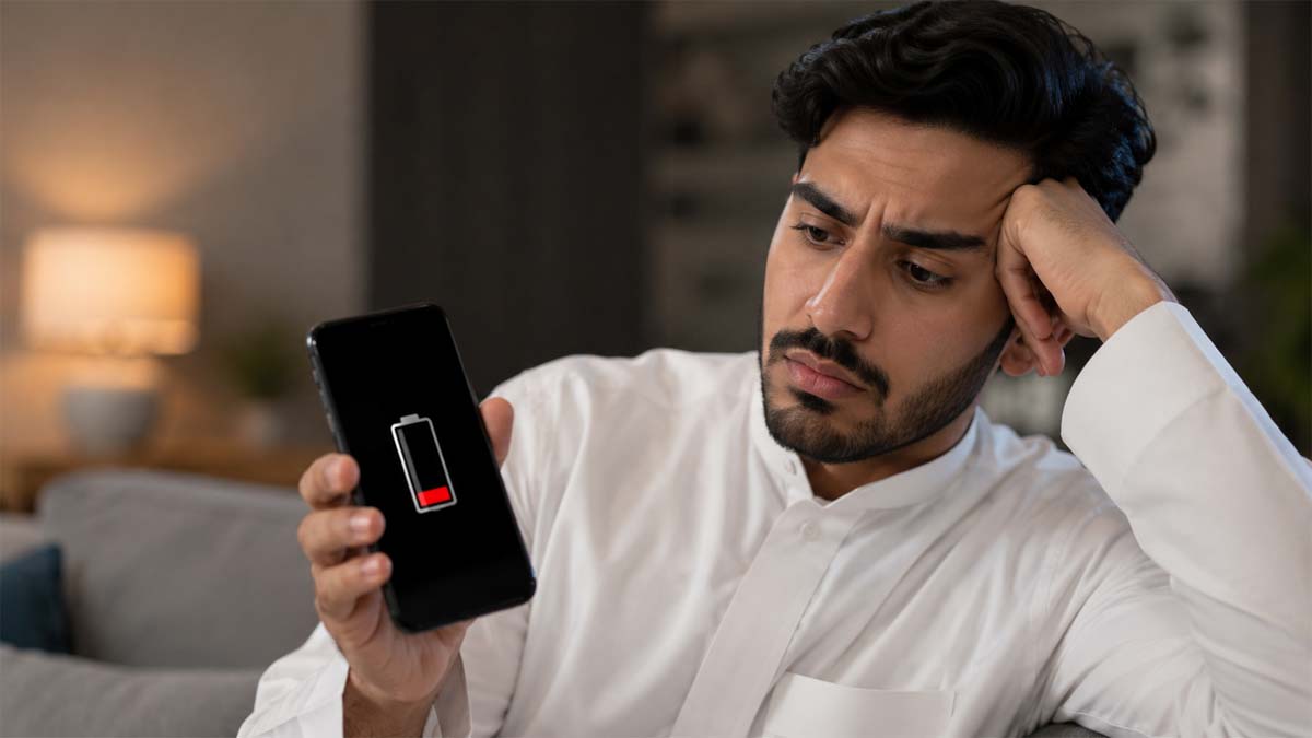 رجل يحمل هاتفًا تظهر عليه بطارية منخفضة داخل غرفة بإضاءة هادئة في مشهد يوضح مشكلة نفاد بطارية الهاتف بسرعة