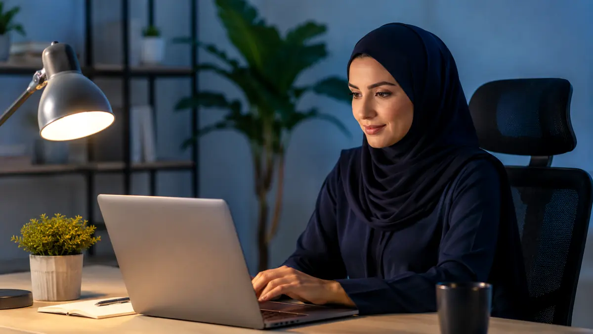 امرأة تعمل على حاسوب محمول في مكتب حديث بإضاءة هادئة، في مشهد يعبر عن أدوات ذكاء اصطناعي لإنشاء محتوى المواقع