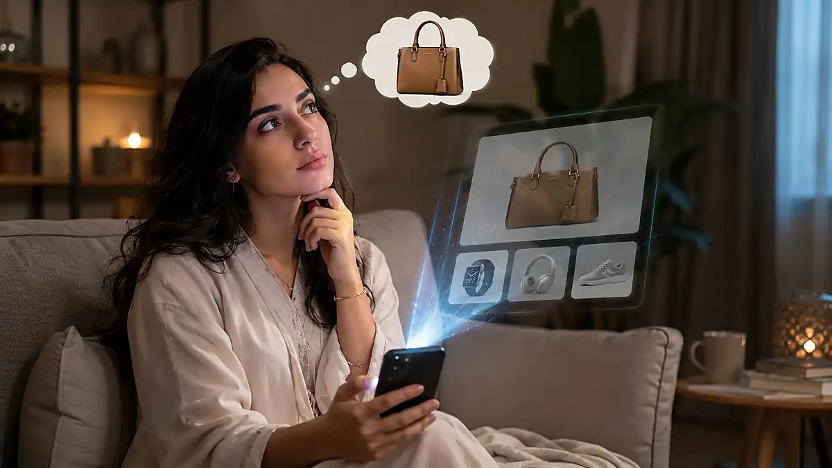 امرأة تجلس على أريكة ممسكة بهاتف، وتظهر أمامها منتجات رقمية تطابق ما تفكر فيه ضمن الإعلانات الموجهة