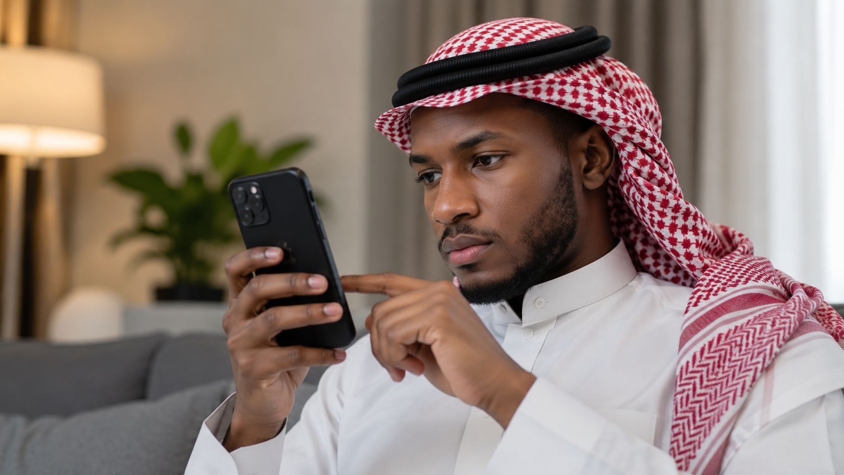 شاب يرتدي الزي السعودي ويتصفح إعدادات الاشتراكات على هاتف آيفون استعدادًا لإلغاء اشتراك تطبيق