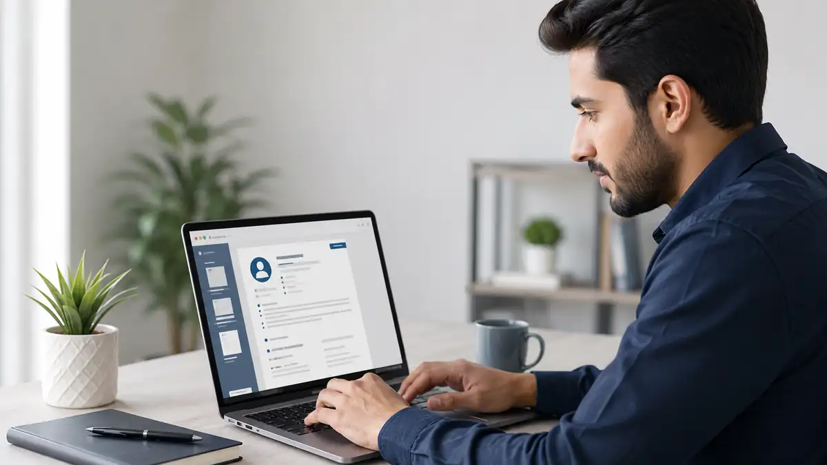 شاب يعمل على حاسوب محمول يعرض نموذج سيرة مهنية داخل مكتب حديث باستخدام أدوات إنشاء السيرة الذاتية بالذكاء الاصطناعي