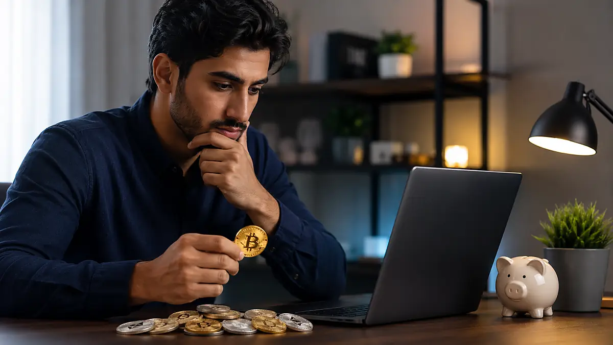 رجل يفحص قطعة رقمية بجوار حاسوب وعملات على مكتب قبل اختيار عملة رقمية رخيصة للشراء