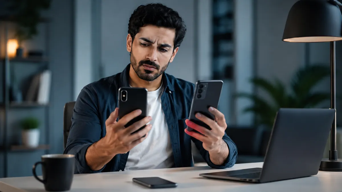 رجل يجلس أمام مكتب حديث ويقارن بين هاتفين مختلفين بجوار حاسوب محمول لاختيار هاتف ذكي يناسب استخدامه