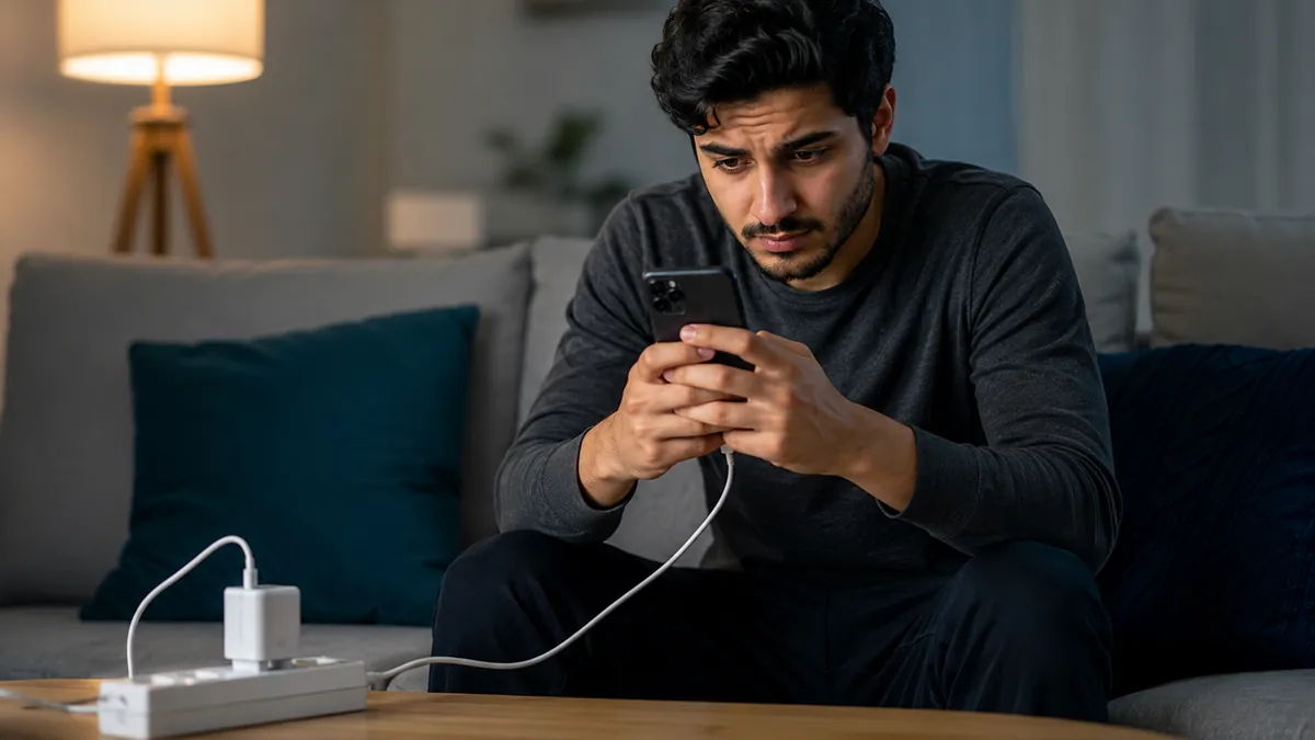 شاب يستخدم هاتفًا متصلًا بالشاحن داخل غرفة معيشة، في مشهد يوضح استخدام الهاتف أثناء الشحن ومخاطر الحرارة.