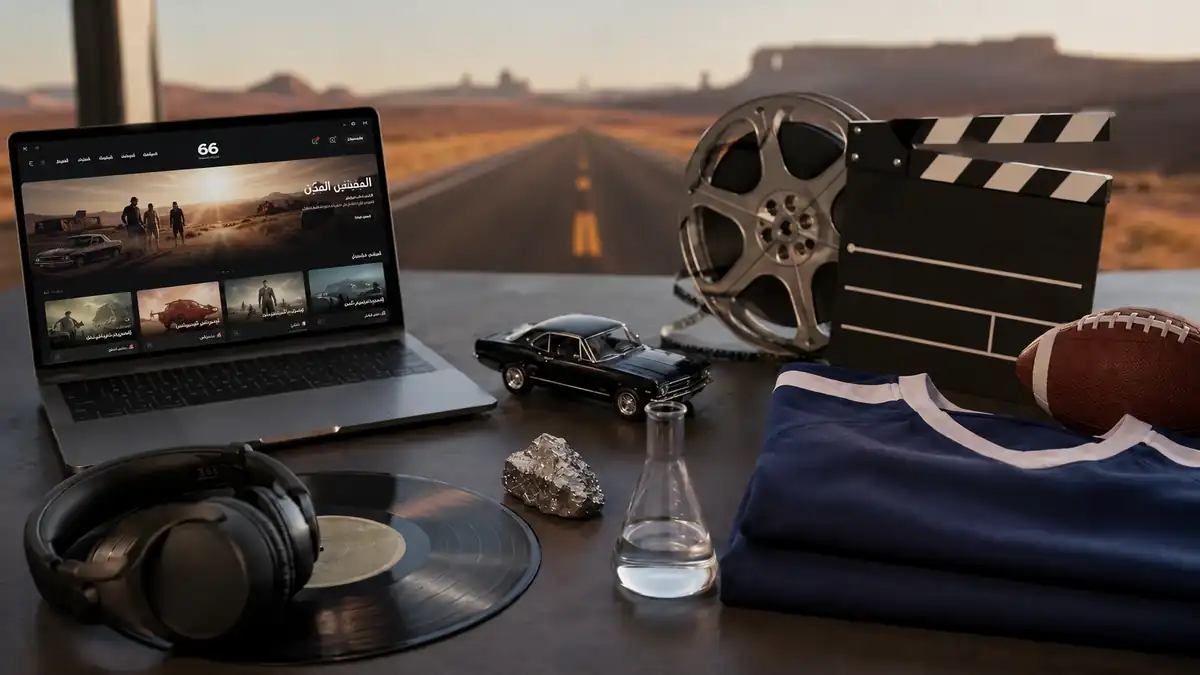 حاسوب يعرض موقع 66 بجانب طريق صحراوي ورموز للسينما والرياضة والموسيقى والعلم، في تجسيد لاستخدامات الرقم 66.