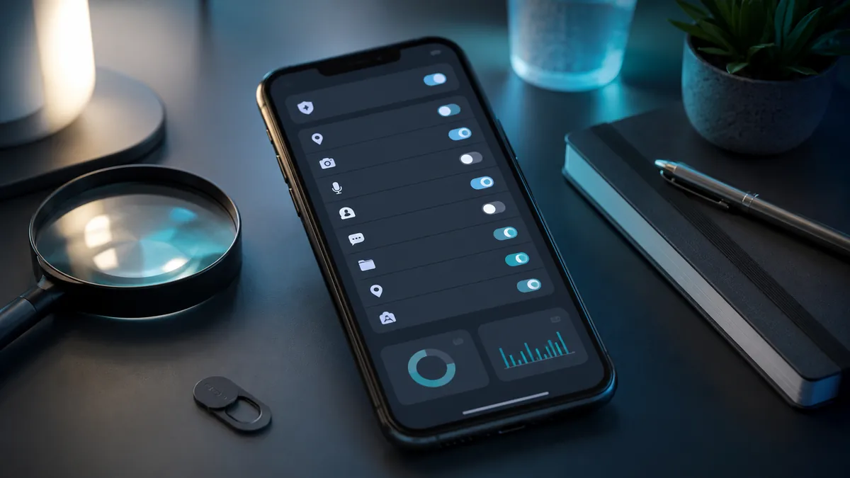 هاتف ذكي يعرض لوحة أذونات التطبيقات بجوار عدسة مكبرة لتوضيح كيفية اكتشاف التطبيقات التي تتجسس عليك