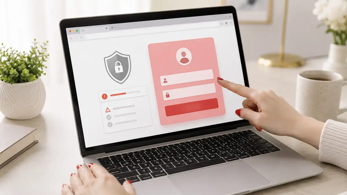 يدان نسائيتان بأظافر حمراء أمام لابتوب يعرض صفحة دخول مشبوهة مع رموز أمان توضح كشف صفحة تسجيل الدخول المزيفة