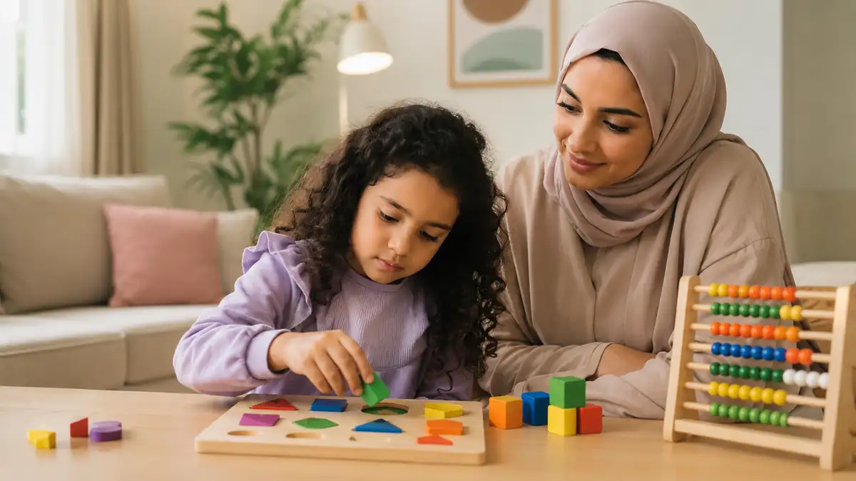 طفلة تركز في تركيب أشكال خشبية بجانب والدتها مع مكعبات ومعداد تعكس دور الألعاب في تنمية الذكاء