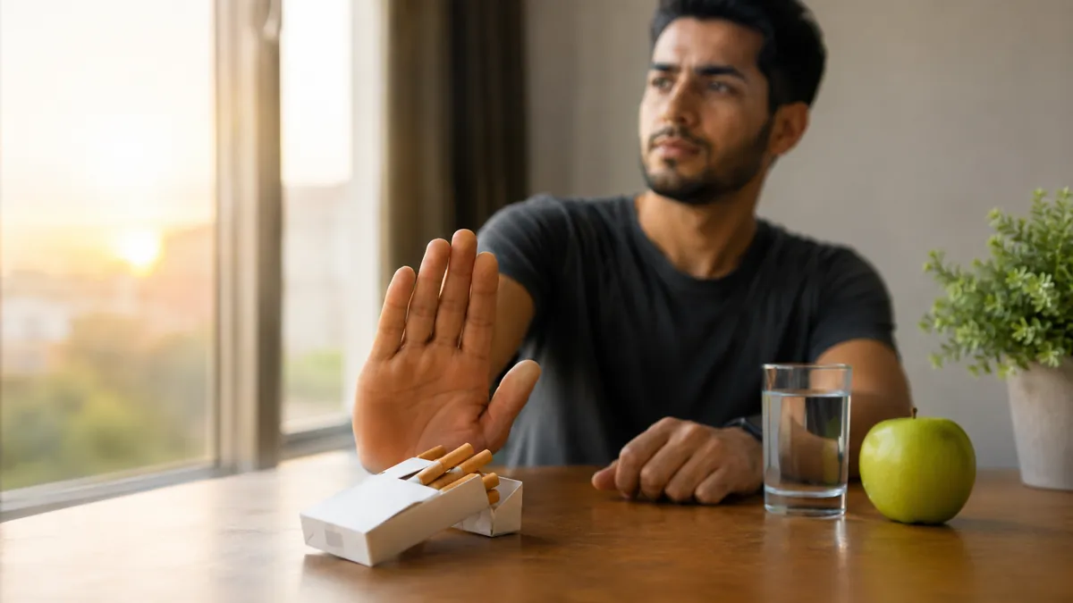 شاب يرفض علبة سجائر على طاولة بجانب ماء وتفاحة ونبتة في ضوء هادئ، كيف أقلع عن التدخين