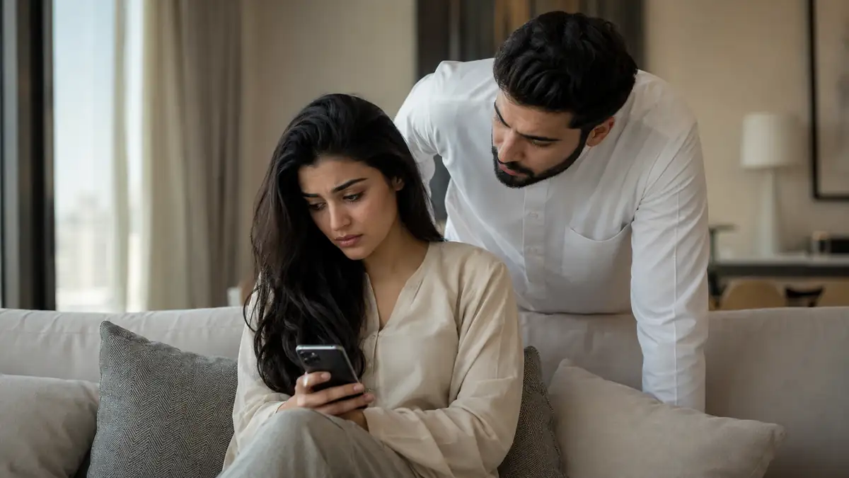 امرأة حزينة تمسك هاتفها بينما يقف رجل خلفها بنظرة مراقبة في منزل هادئ، ضمن سياق الاهتمام الزائد