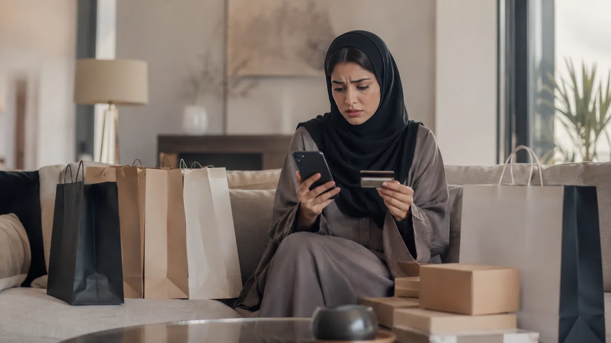 امرأة قلقة تمسك بطاقة بنكية وهاتفًا وسط أكياس وطرود تسوق، صورة توضح التسوق القهري