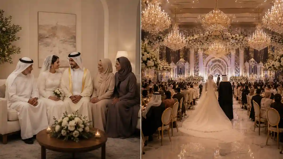 صورة منقسمة تعرض عروسين مع أسرتهما في حفل بسيط، مقابل قاعة فخمة مزدحمة تجسد الزواج العائلي والزواج العام
